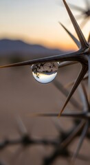 Close-up of a thorny plant with a water droplet hanging from one of its spikes during sunset in a desert landscape