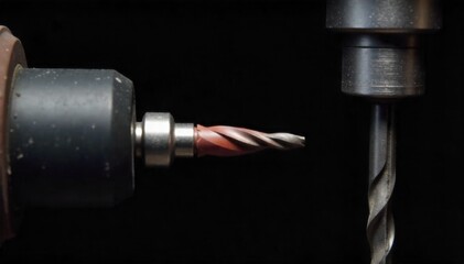 Drill press mechanism in action, meticulously boring a clean hole into a block of wood. High angle, close up shot of a drill press mechanism. The drill bit is actively boring a perfectly clean,