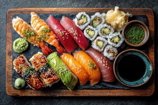 An assortment of delicious sushi beautifully arranged on a wooden serving board - Powered by Adobe