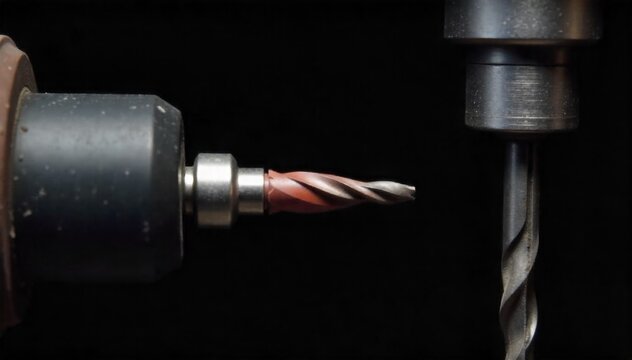 Drill press mechanism in action, meticulously boring a clean hole into a block of wood. High angle, close up shot of a drill press mechanism. The drill bit is actively boring a perfectly clean,