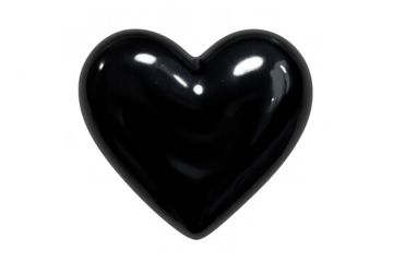 Black glossy heart symbolizing broken love, sadness, grief, and despair on transparent background