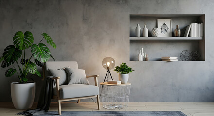 Cozy living room interior with armchair, monstera plant, and decor on concrete wall