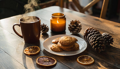 Cozy scene featuring a steaming mug of coffee, plate of cookies, pinecones, and a warm candle on a wooden table. Ideal for winter or holiday themes.