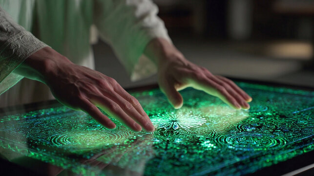 A glowing green energy hologram floats above a dark futuristic surface, projecting swirling light patterns and eco-tech symbols. The holographic display radiates clean-power aesthetics, blending renew