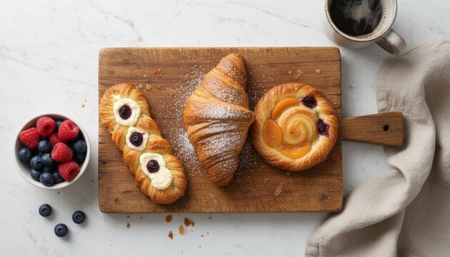 Assortment of pastries and croissant dusted with powdered sugar on wooden board