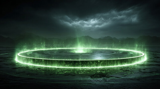 A glowing green energy hologram floats above a dark futuristic surface, projecting swirling light patterns and eco-tech symbols. The holographic display radiates clean-power aesthetics, blending renew