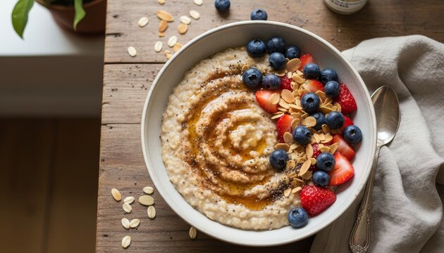 Oatmeal bowl with fresh berries and nuts for breakfast