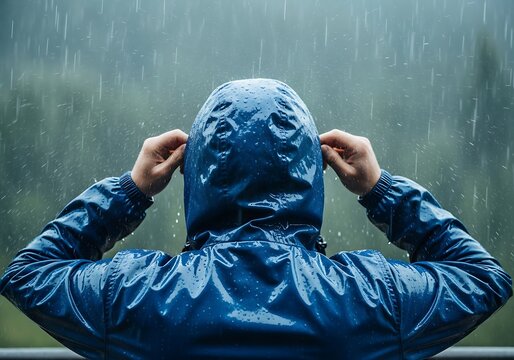 Man in Blue Rain Jacket Pulls Hood Up in Heavy Rain. Generative Ai