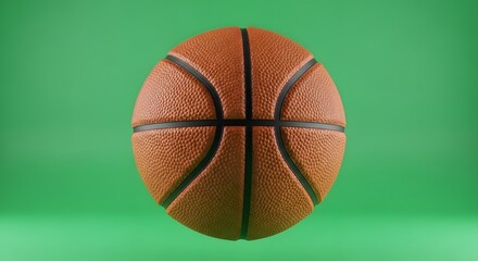 A close-up of a basketball ball with textured surface and black lines on a vibrant green background