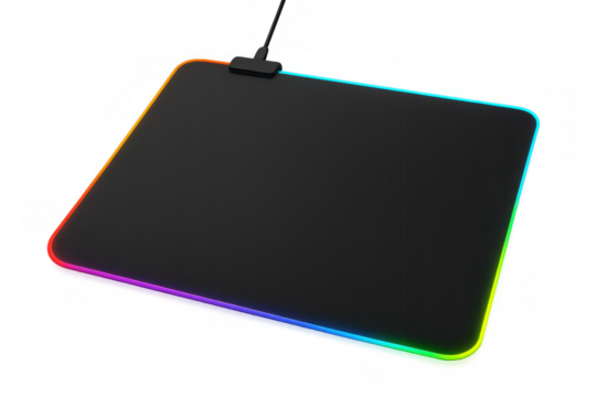 Black gaming mouse pad glowing with colorful led light on edges, illustrating modern computer accessories and esports equipment
