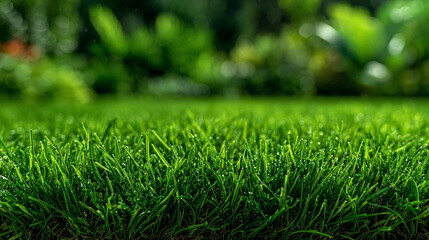 Fototapeta premium Wide view of lush green grass under bright sunlight, forming a clean, natural lawn background with vivid texture and fresh outdoor atmosphere.