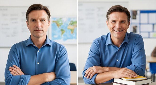 Professional businessman in a blue shirt with crossed arms and a confident expression in an office setting with a world map in the background