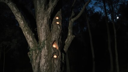 Mystical Tree with Glowing Orbs in Dark Forest at Night.