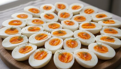 Boiled egg halves arranged neatly with dill garnish