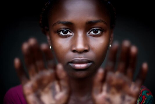 Young woman shows her dirty hands. An intimate close-up portrait. Poverty, labor, hard work.