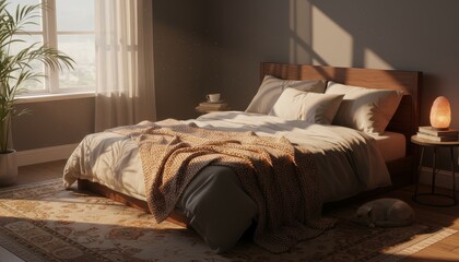 Bedroom with cozy ambiance bathed in golden hour light