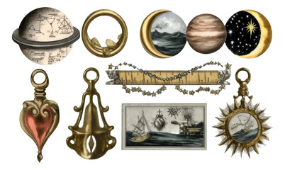 Vintage Astronomical Tools and Celestial Illustrations for Creative Collage Design