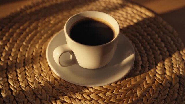 White coffee cup on woven placemat with warm golden light