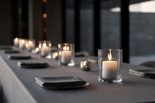 festive table decor, elegantly arranged hanukkah table with glowing candles, subtle silver decor, and a warm, calm tone for a symmetrical look