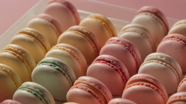 Rows of pastel macarons arranged neatly