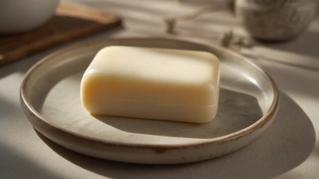 A clean bar of soap rests on a ceramic dish