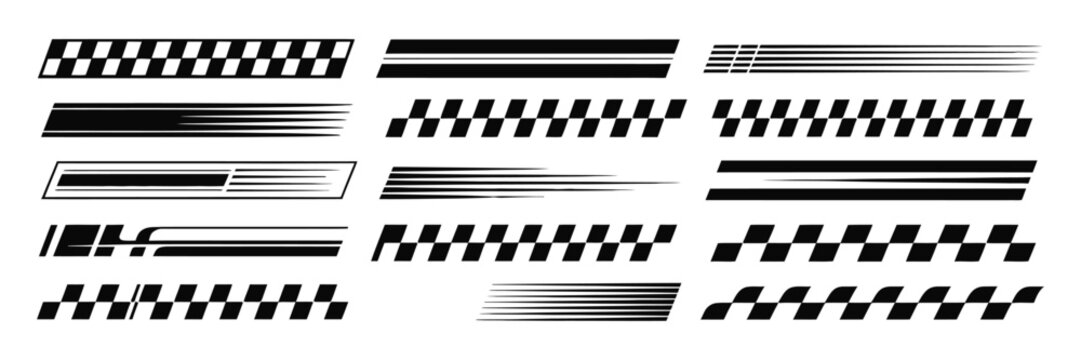 Racing Car with Speed Stripes, Angled Checkered Patterns, Motorsport Graphics, Sport Decals, Finish Line, and Dynamic Vehicle Lines