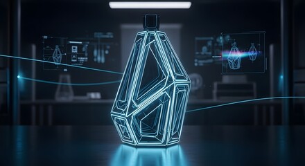A futuristic digital hologram of a geometric gemstone displayed in a high-tech environment with data visualizations and glowing blue accents
