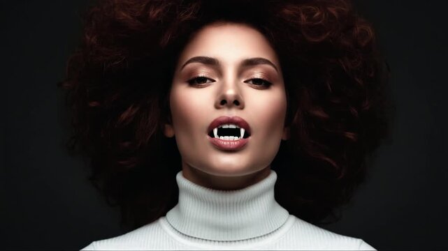 Red-Haired Vampire Woman Tilting Head and Showing Fangs Close-Up on Dark Gray Background