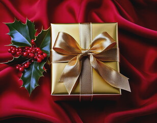 Gold Foil Wrapped Gift with Gold Ribbon & Bow, Red Silk and Holly AI