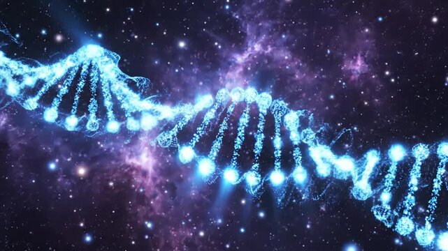 Glowing, blue DNA helix set against a nebula backdrop with sparkling stars