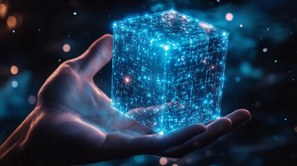 A hand gently holding a glowing AI cube emitting soft blue light, symbolizing futuristic technology, innovation, and human–machine interaction in a sleek, modern aesthetic.