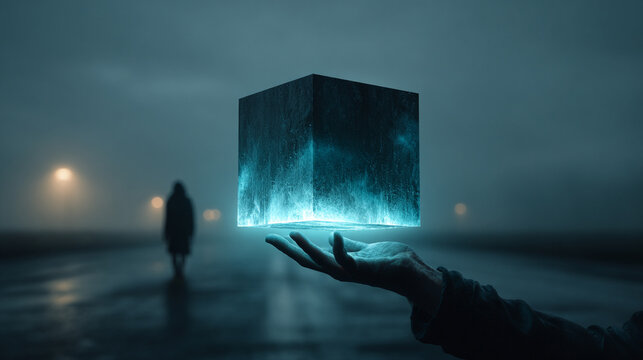 A hand gently holding a glowing AI cube emitting soft blue light, symbolizing futuristic technology, innovation, and human–machine interaction in a sleek, modern aesthetic.