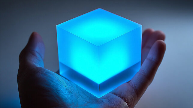 A hand gently holding a glowing AI cube emitting soft blue light, symbolizing futuristic technology, innovation, and human–machine interaction in a sleek, modern aesthetic. - Powered by Adobe