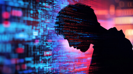 A human silhouette gradually dissolving into streams of digital code, symbolizing the merging of humanity and technology. The figure appears semi-transparent, transitioning into glowing data lines and