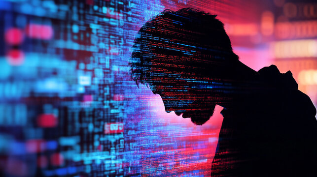 A human silhouette gradually dissolving into streams of digital code, symbolizing the merging of humanity and technology. The figure appears semi-transparent, transitioning into glowing data lines and
