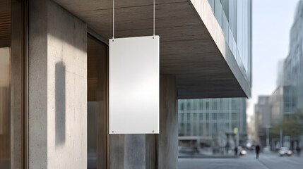 Blank Signboard on Building: The blank signboard hangs in front of a modern building, providing a canvas for potential messages or branding opportunities.