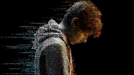 A human silhouette gradually dissolving into streams of digital code, symbolizing the merging of humanity and technology. The figure appears semi-transparent, transitioning into glowing data lines and