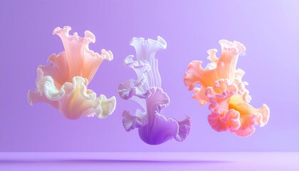 Three floating, whimsical, organic shapes with ruffled edges and vibrant, gradient hues against a soft purple backdrop. The forms resemble stylized flowers