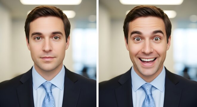 A professional young man in formal business attire displaying a neutral expression in the first image and a cheerful, smiling expression in the second image, set in a modern office environment