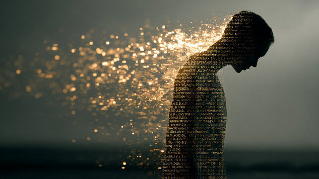 A human silhouette gradually dissolving into streams of digital code, symbolizing the merging of humanity and technology. The figure appears semi-transparent, transitioning into glowing data lines and
