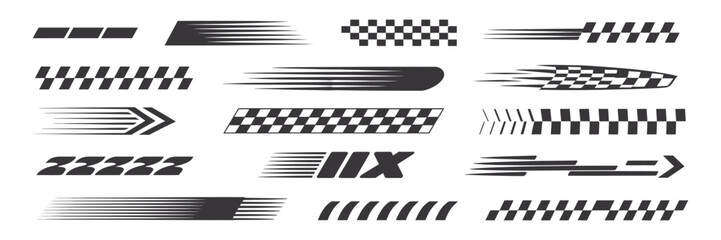 Racing Car Stripe, and Checkered Flag Vector Set with Speed Lines, Finish Line Patterns, Motocross Labels, Vehicle Tuning Decals, and Motorsport Design Elements