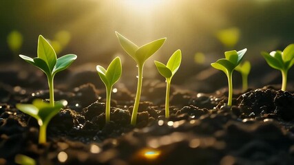 New Life Sprouts Emerging from Rich Soil Under Golden Sunlight.