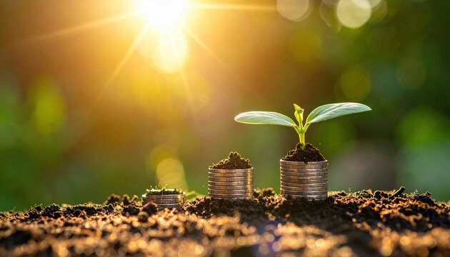 Small plant growing from stacks of coins in soil under sunlight symbolizes financial growth and investment success. warm glow of sun adds hopeful and prosperous feeling