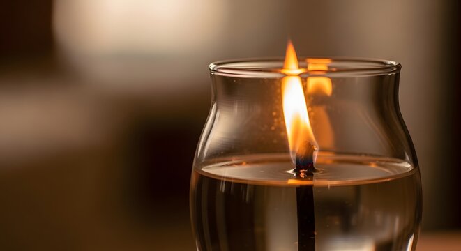 A close-up of a lit candle floating in a glass container, creating a warm and calming ambiance suitable for relaxation or meditation settings