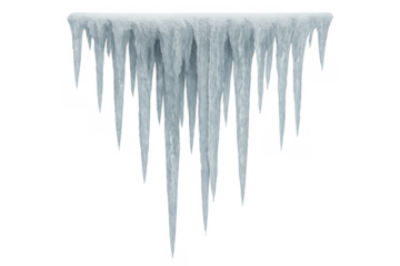 Group of sharp, frosty icicles hanging, depicting freezing temperatures, winter, and extreme cold, isolated with a transparent background