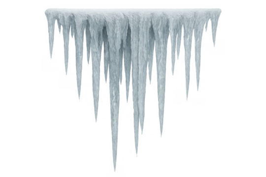 Group of sharp, frosty icicles hanging, depicting freezing temperatures, winter, and extreme cold, isolated with a transparent background