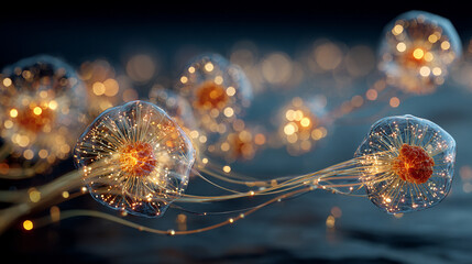 A hyperrealistic glowing digital network forming abstract creative ideas, symbolizing global connection, innovation, and the fusion of advanced technology with human imagination.
