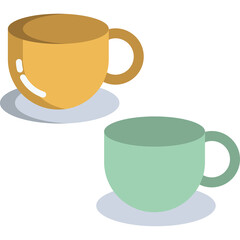 Two Ceramic Cups One Mustard Yellow The Other Light Green With Handles And Subtle Shadows On A White Background Minimalist Illustration Style