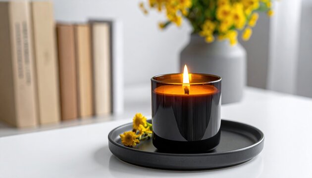 Lit candle on a black dish, books and yellow flowers, on a white surface, warm, cozy atmosphere, soft focus background