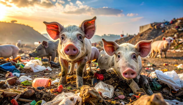 Two curious piglets stand amidst colorful, cluttered landfill at sunset, surrounded by various discarded items. vibrant sky contrasts with chaotic scene, highlighting environmental impact - Powered by Adobe